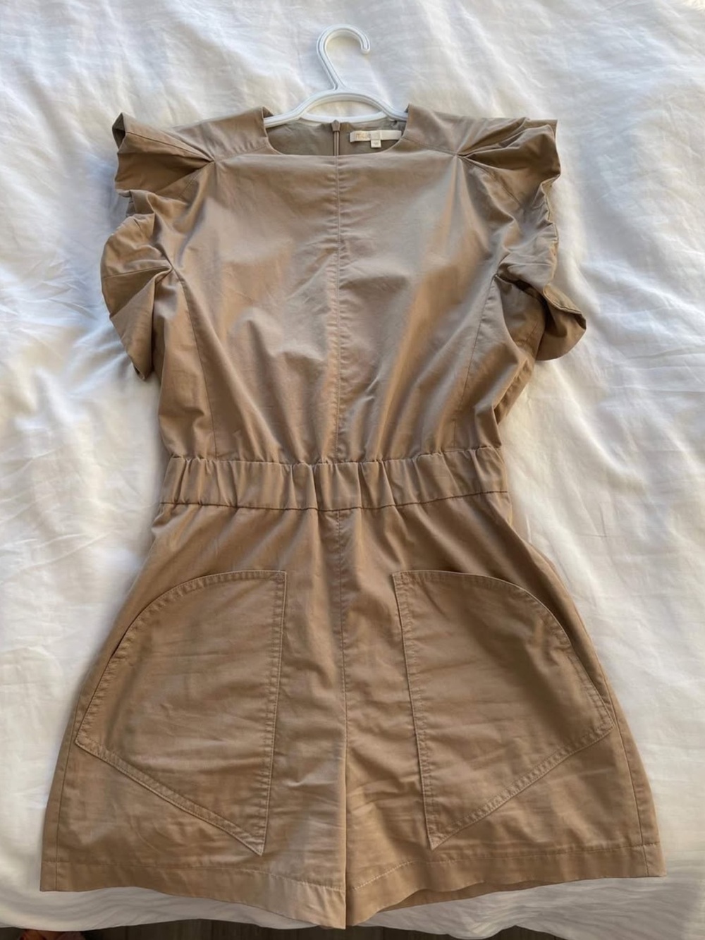 Maje Beige Short Romper Dress with Puff Sleeves